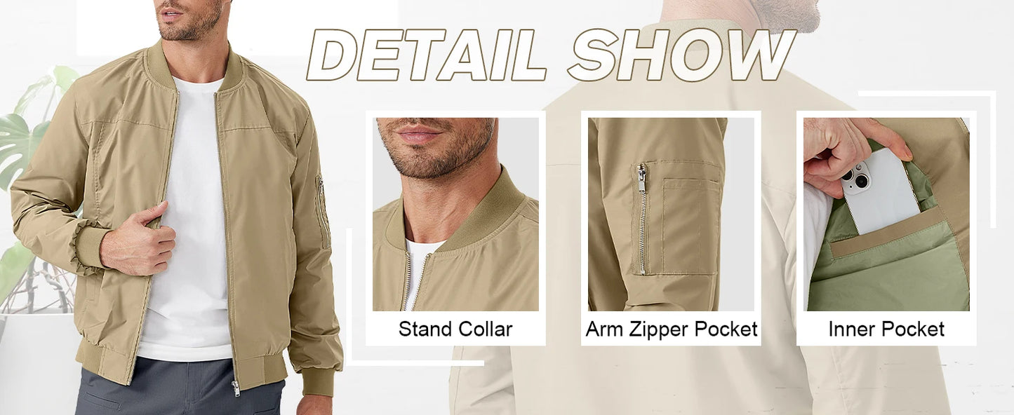 Men's Bomber Jacket Lightweight Casual Spring Fall Windbreaker Softshell Coat With Pocket