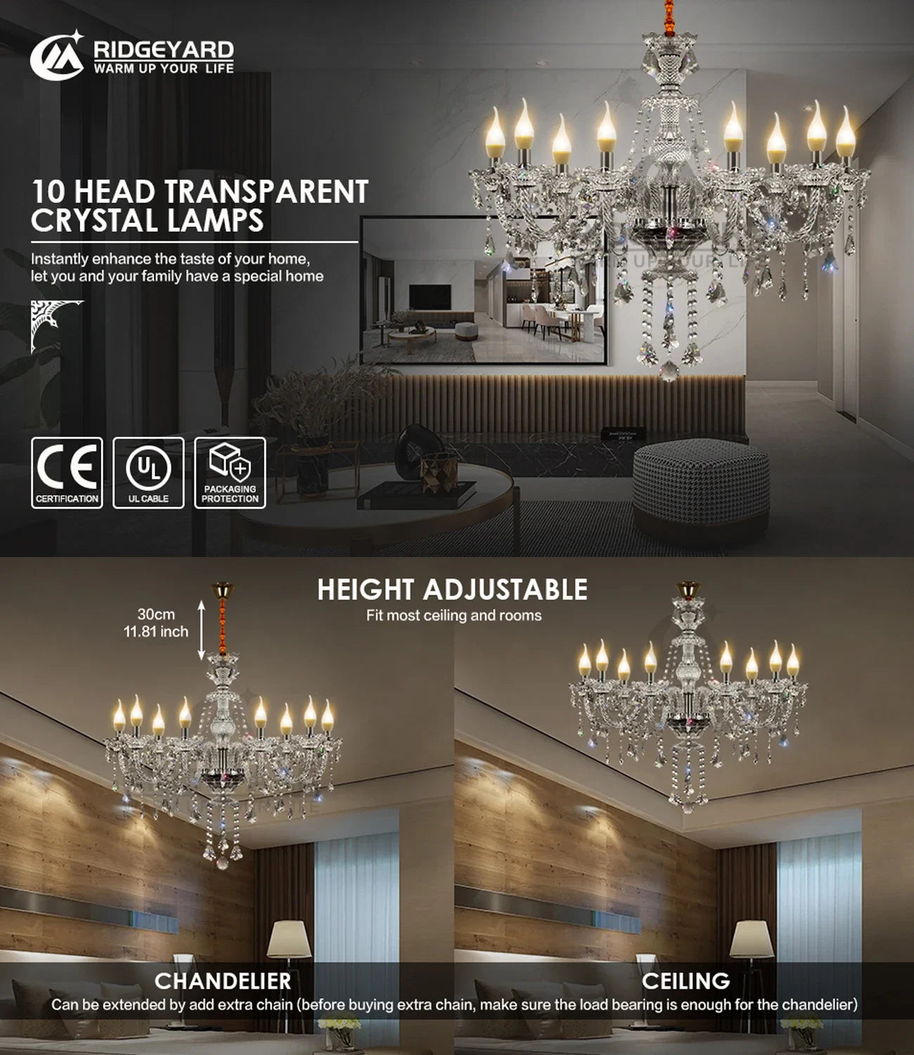 Ridgeyard 4-18 Arms K9 Crystal Chandelier Modern Luxury Boutique Country Style For Hallway Living/Dining Room Bedroom Home Light