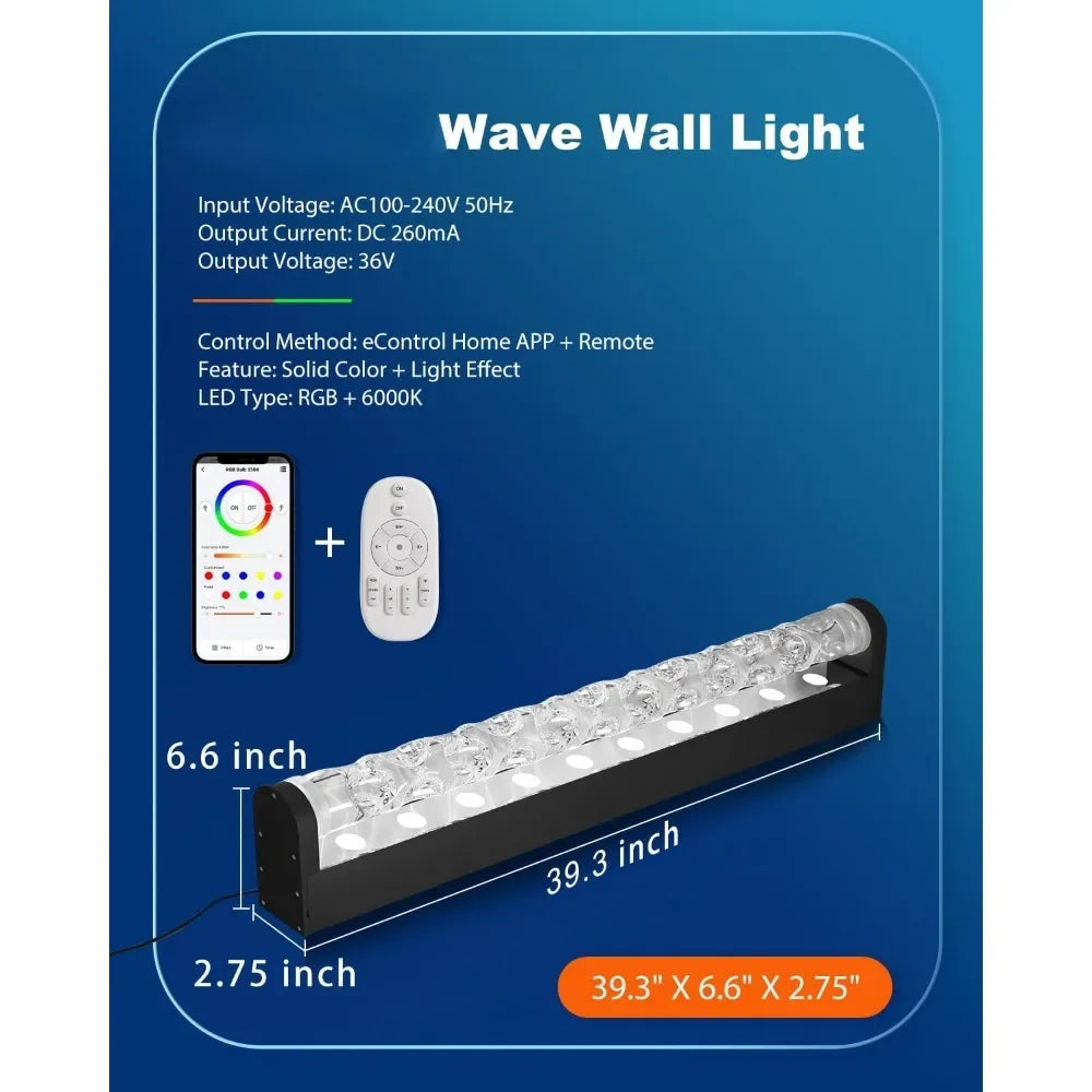 Dynamic Wave Wall Light, Flowing Water, Aurora Visual-Color Changing Lamp with Remote & APP-Ambient Light 1 Pack