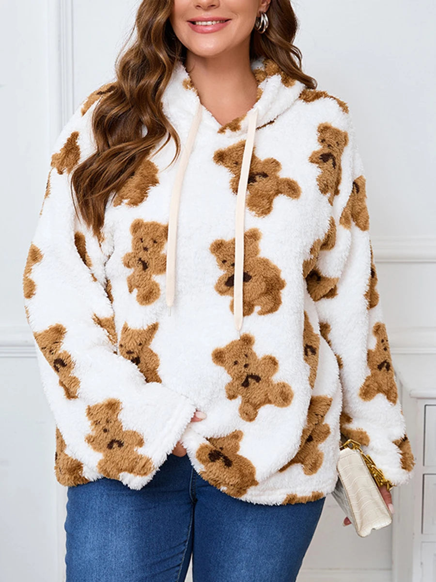 Women s Plus Size Hoodies Sherpa Bear Print Hooded Long Sleeve Sweatshirts Pullovers Fall Winter Casual Tops with Pockets