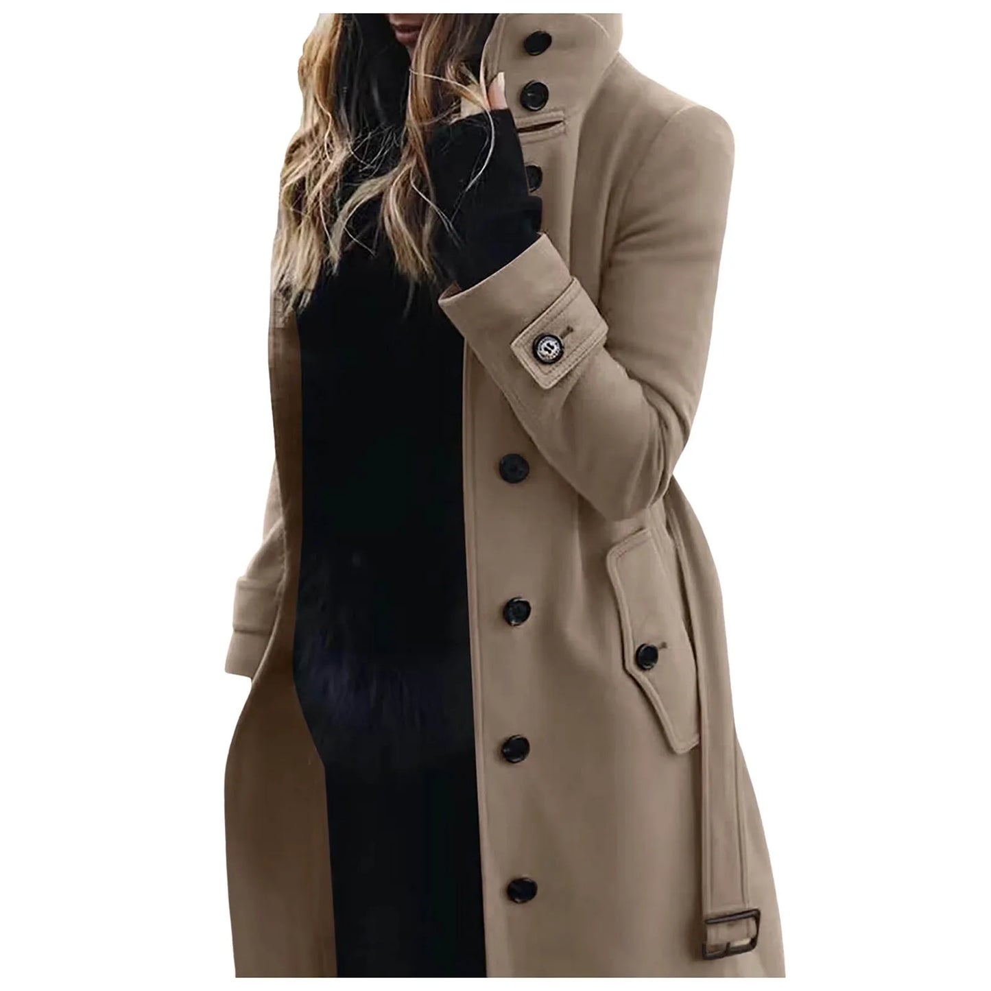 Women's Trench Coat High-collar Single-breasted Jacket Long Sleeve Coats Street Commuter Outwear Stand Collar Woolen Coat 2024