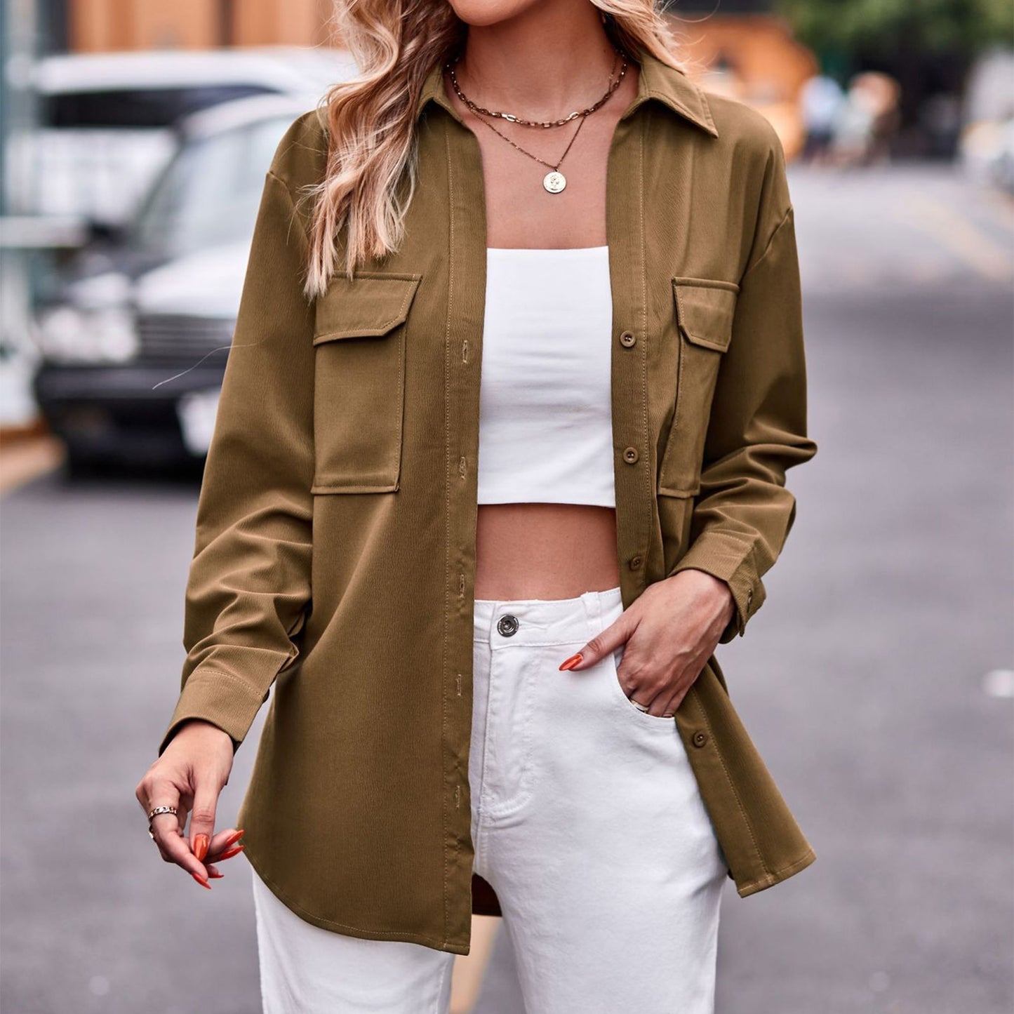 Women Elegant Blouses Tops Stylish Long Sleeve Casual Solid Color Coat with Pockets Autumn Jacket Loose Outfit - justforyoushopping23