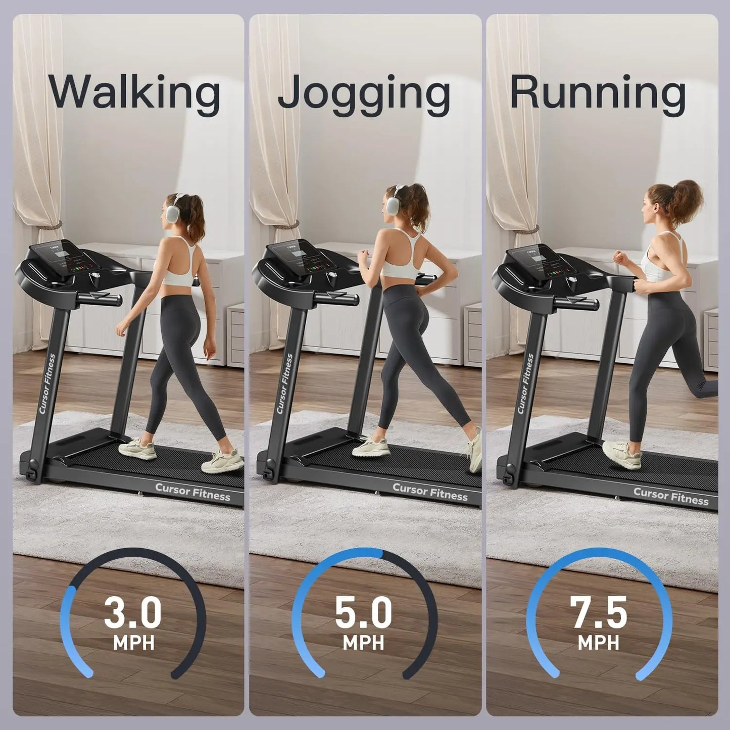 Home Folding Treadmill with Pulse Sensor, 2.5 HP Quiet Brushless, 7.5 MPH, 265 LBS Capacity