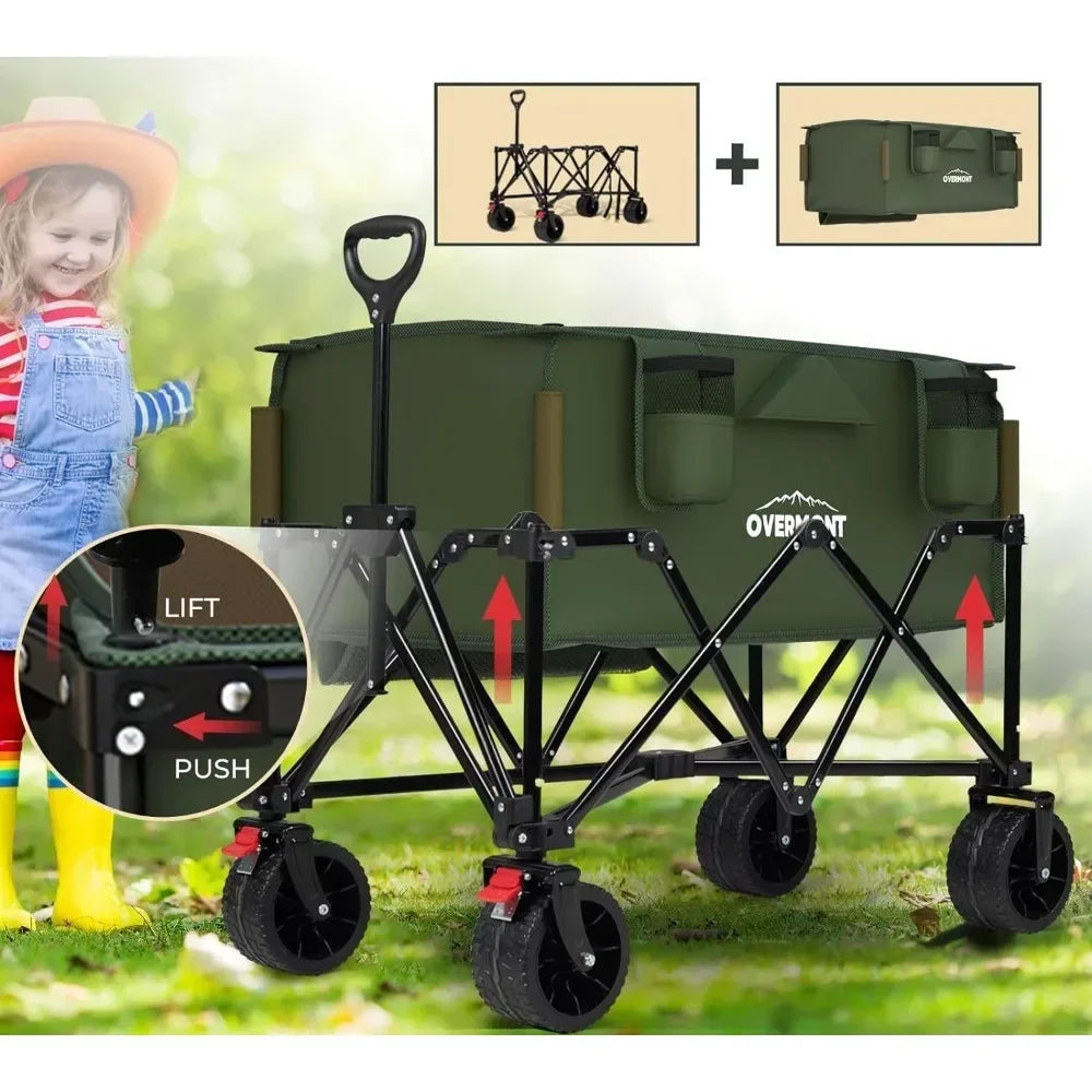 Collapsible Beach Cart with Side Pockets, All Terrain Detachable Wheels 150L Capacity 265lbs Heavy Duty Foldable, Garden Cart