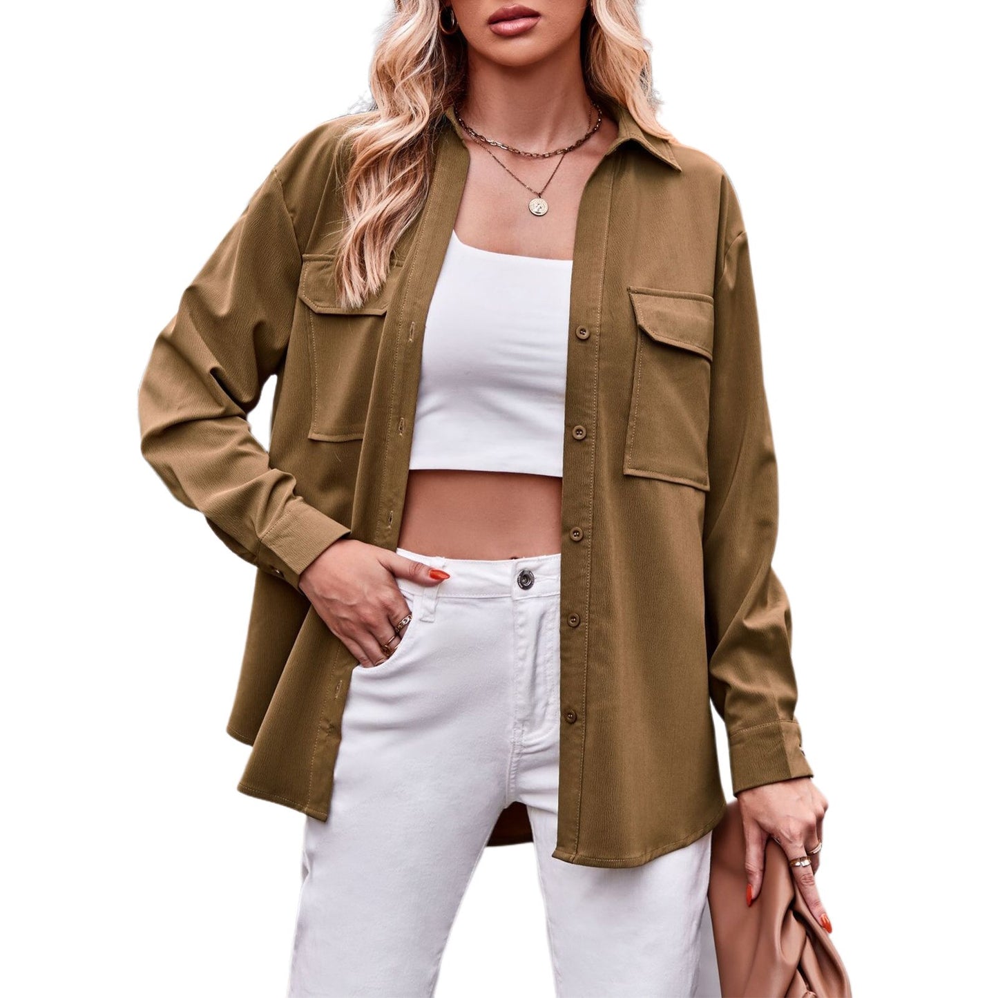 Women Elegant Blouses Tops Stylish Long Sleeve Casual Solid Color Coat with Pockets Autumn Jacket Loose Outfit - justforyoushopping23