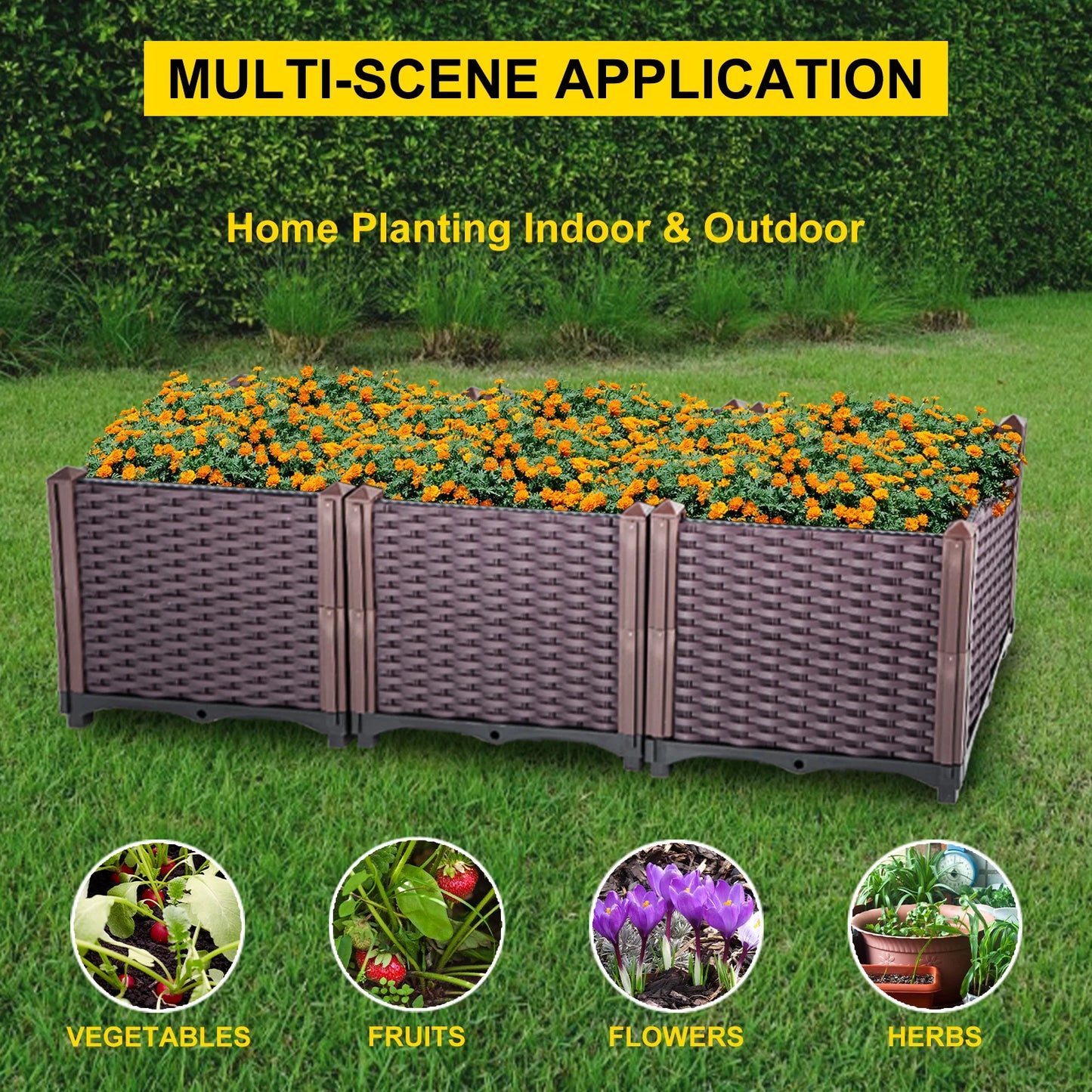 VEVOR Plastic Raised Garden Beds In/Outdoor 20.5"H/14.5"H Flower Box Kit Brown Rattan Style Grow Planter Care Box Set of 3/4