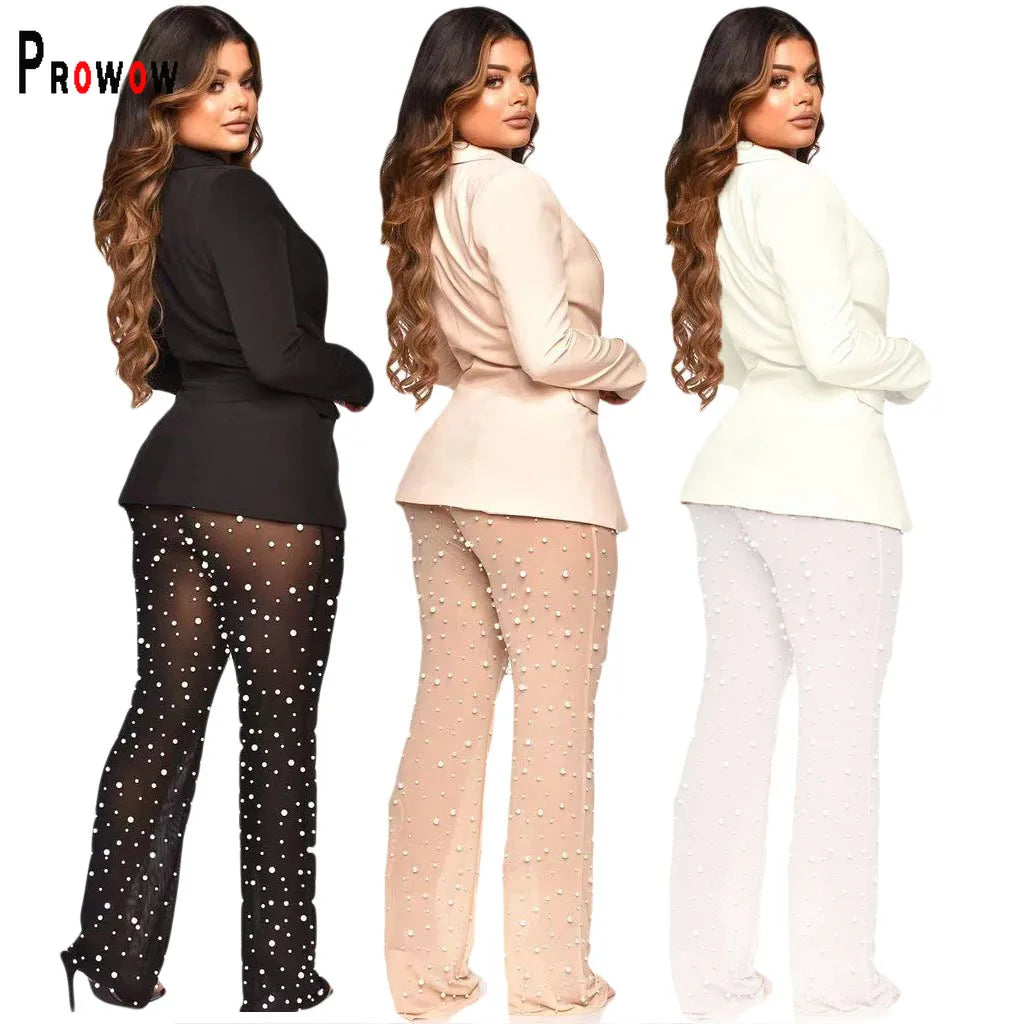 Women's Blazer Suits Thin Tops Pearl Sheer Mesh Pant Two Piece Clothing Set