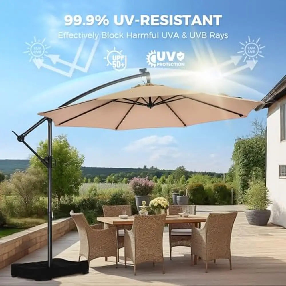 Solar Powered 10ft Offset Cantilever Patio Umbrella with LED Lights and Base High-Quality UV Resistant Outdoor Market Umbrella