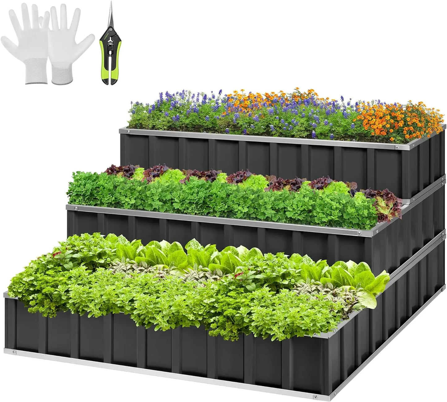 3-Tier Raised Garden Bed, 46" x 46" x 24" Galvanized Steel Metal Outdoor Planter Box with Gloves and Scissors to Grow