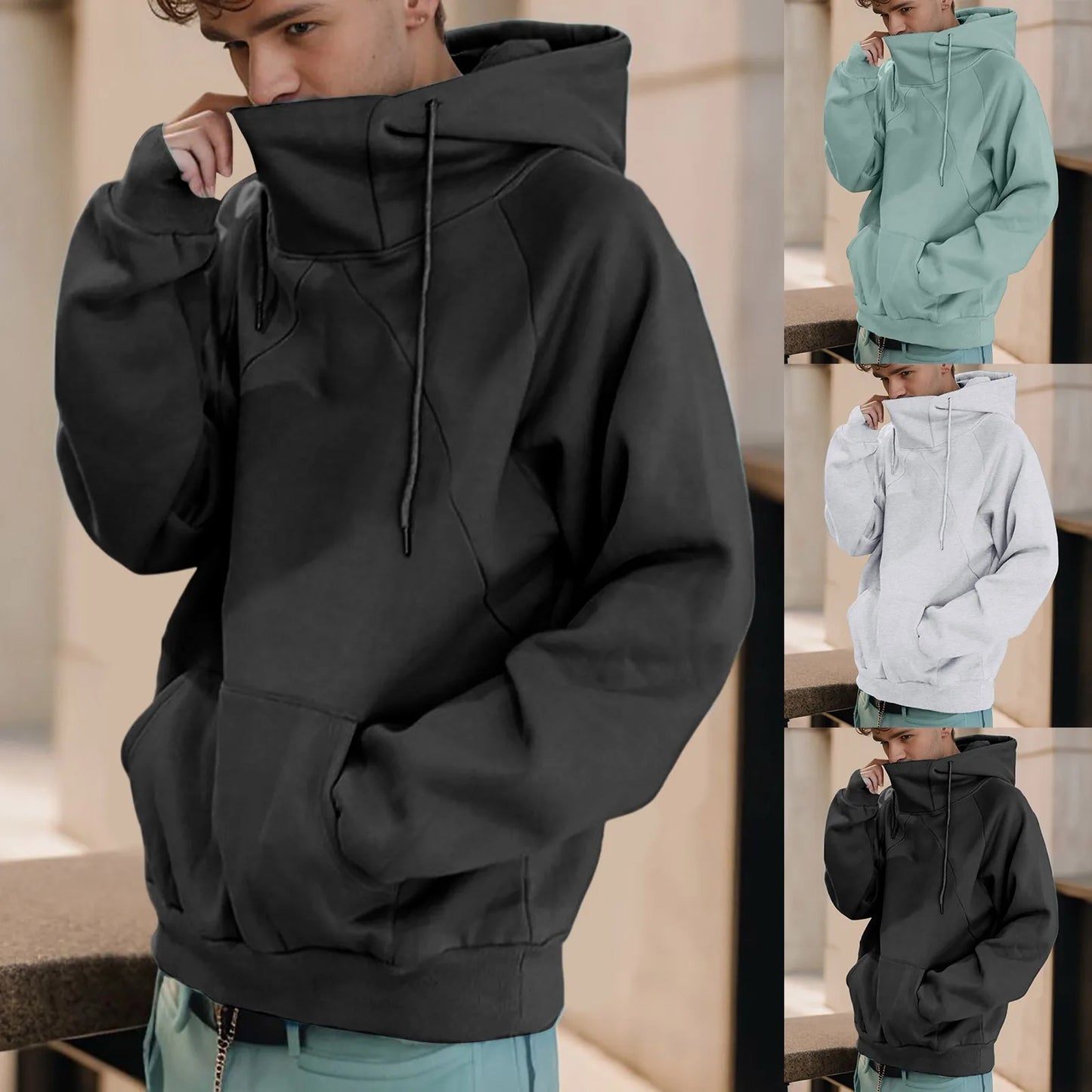 Men's Autumn Winter Loose Turtleneck Hoodie Ninja Neck Hoodie Coat Solid 2024 New Men Clothing Streetwear Hoodies