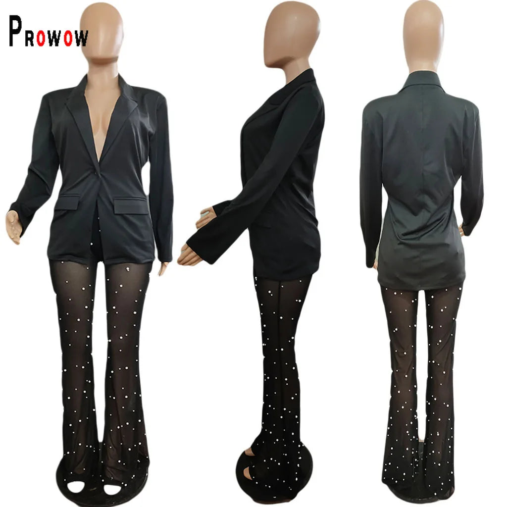 Women's Blazer Suits Thin Tops Pearl Sheer Mesh Pant Two Piece Clothing Set