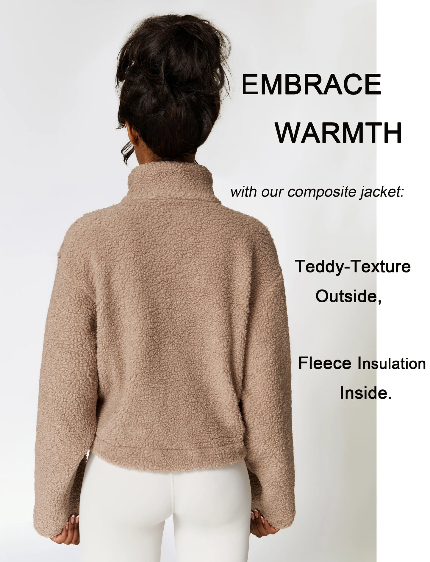 Women's Sherpa Cropped Jacket Stand Collar Full Zip Long Sleeve Fleece Coat With Pockets Autumn Winter Black Tan Beige