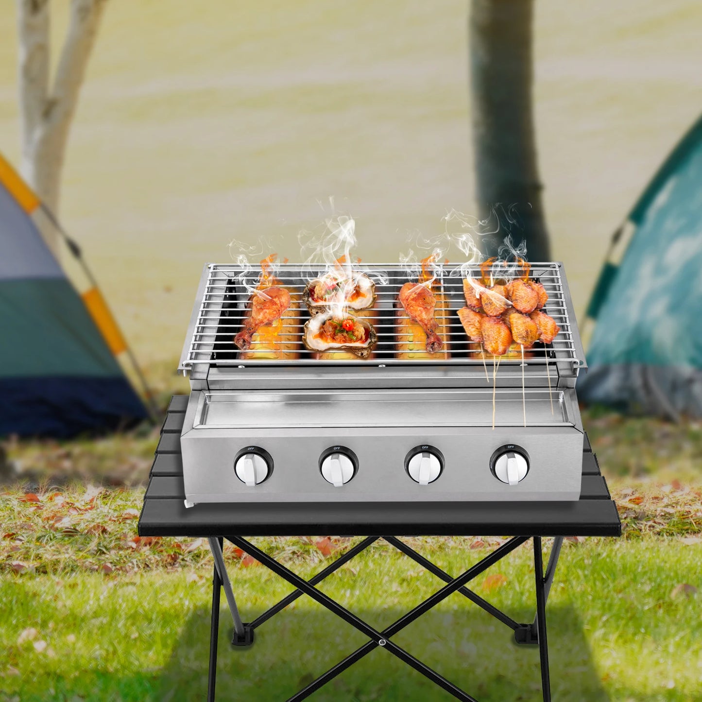 4 Burners Smokeless BBQ Grill Tabletop LPG Gas Grill Stove Party Cooker Adjustable Stainless Steel Barbecue Rotisserie Grill Kit