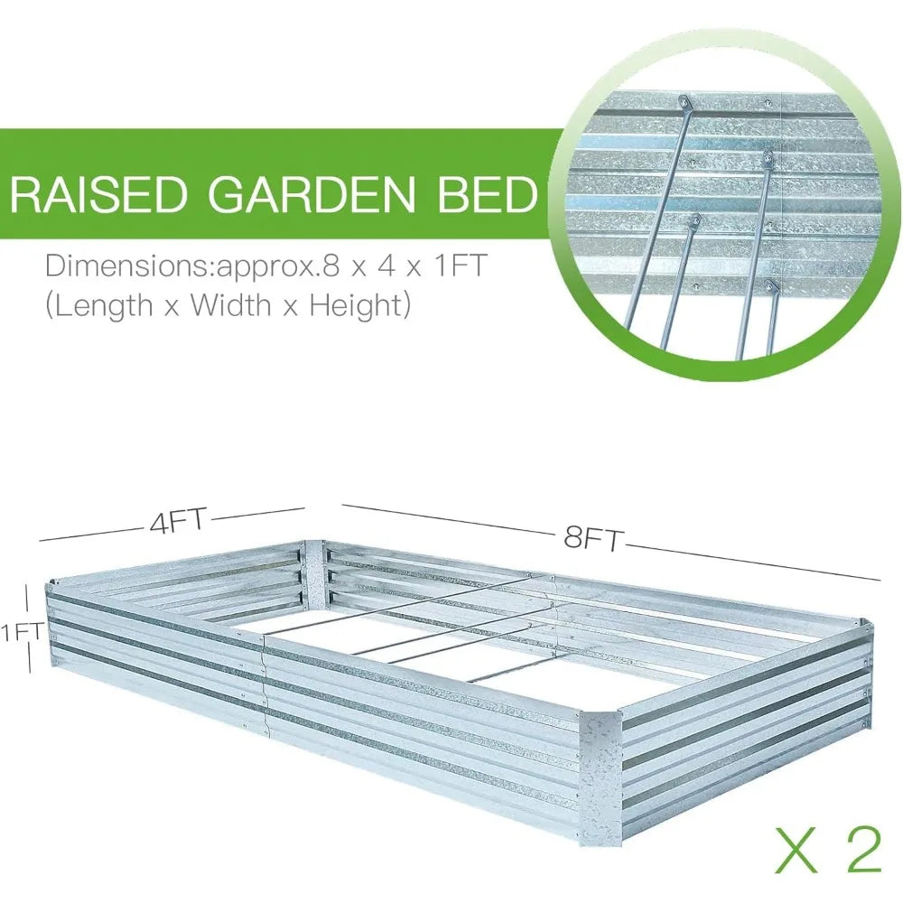 Galvanized Raised Garden Beds for Vegetables Large Metal Planter Box Steel Kit Flower Herb (8 x 4 x 1 ft * 2 Pack, Galvanized)