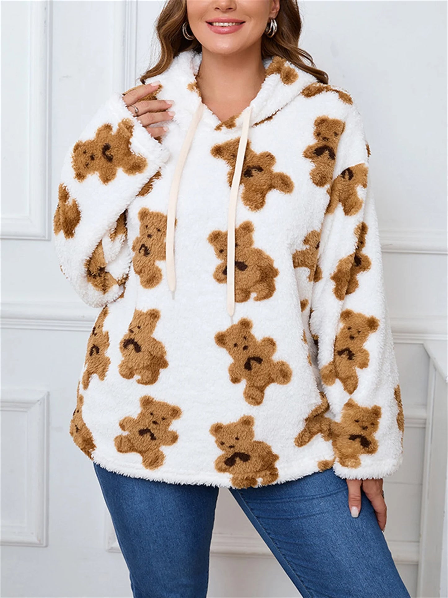 Women s Plus Size Hoodies Sherpa Bear Print Hooded Long Sleeve Sweatshirts Pullovers Fall Winter Casual Tops with Pockets