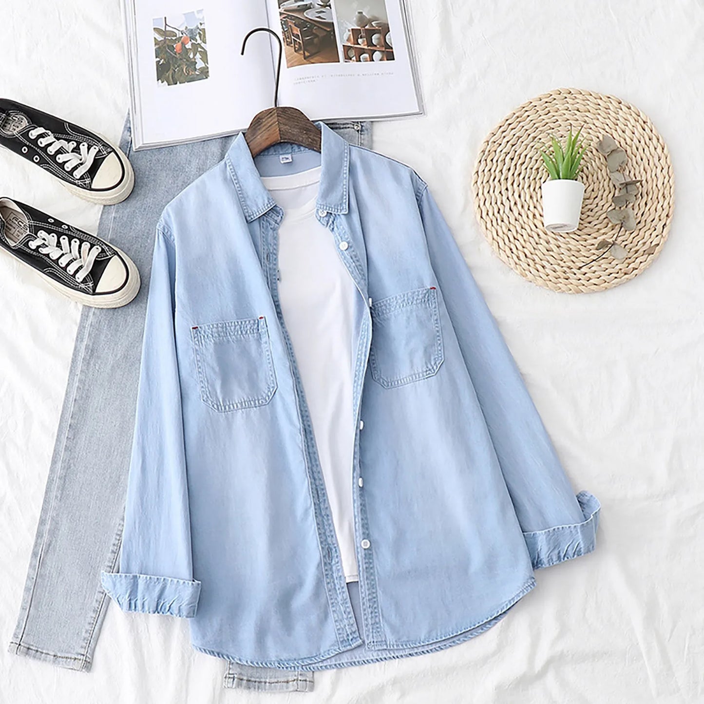 2024 Women Fashion Denim Shirt Casual Button Up Long Sleeve Shirt Solid Blouse Top Spring Autumn