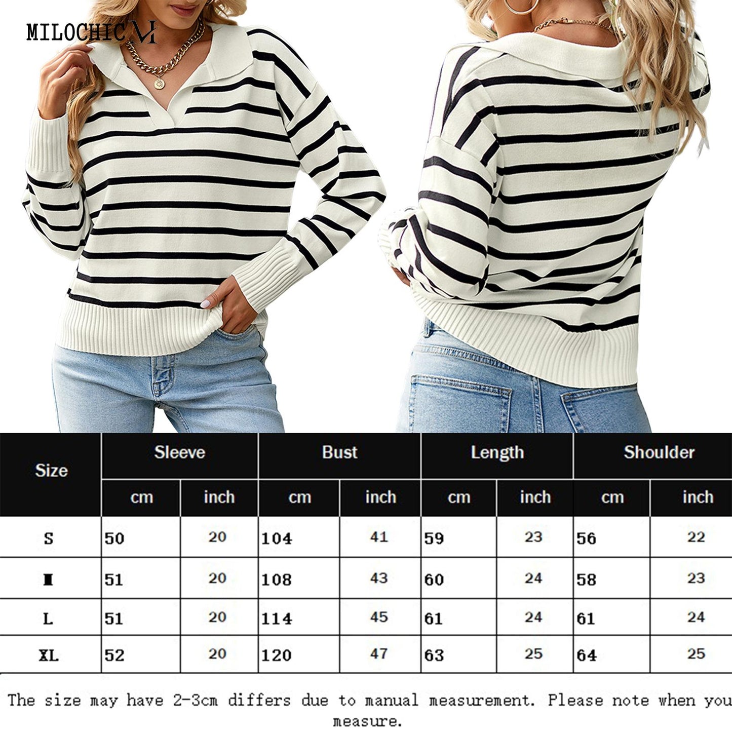 Women Casual Knitted Blouse Versatile Striped Knitted Top Long Sleeve - justforyoushopping23