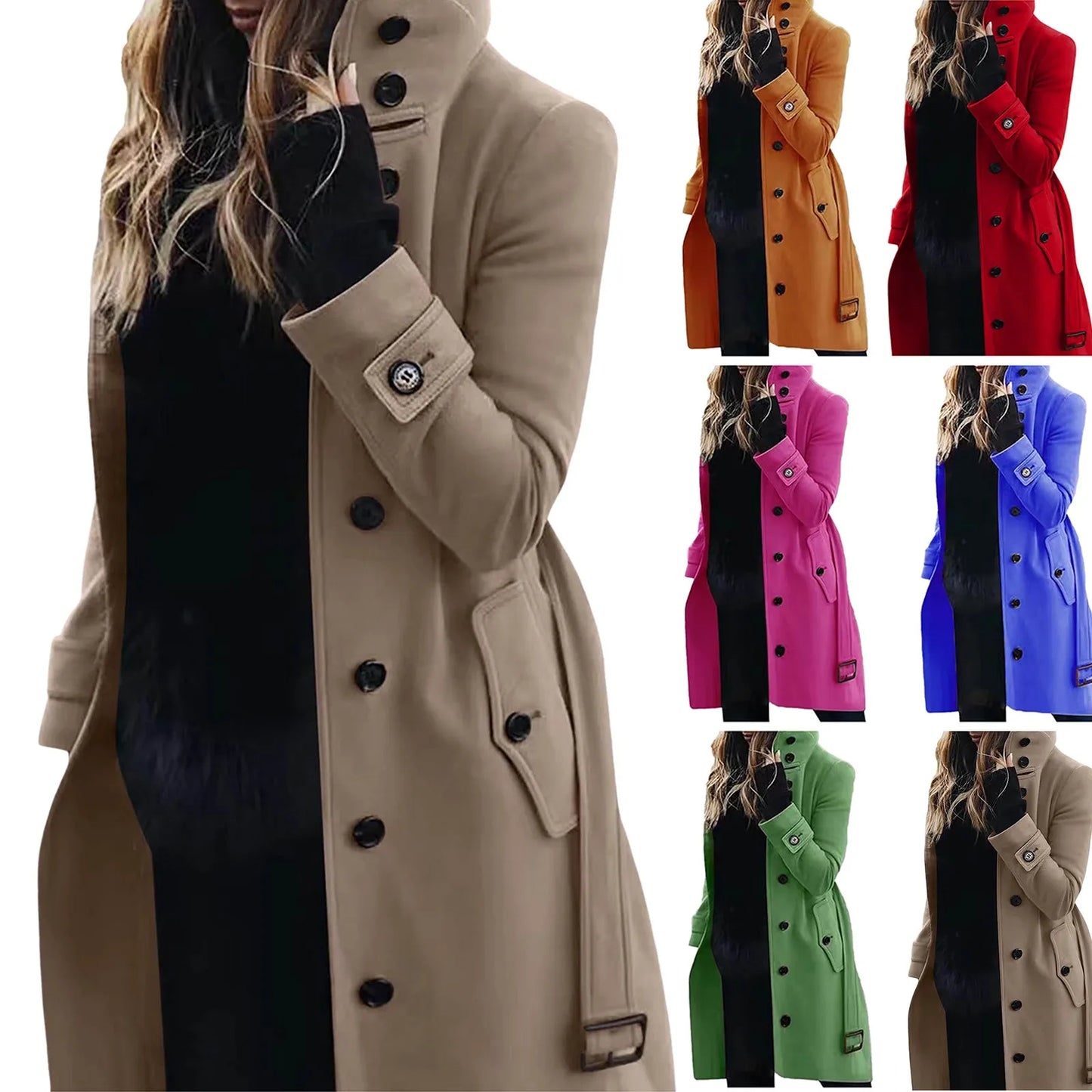 Women's Trench Coat High-collar Single-breasted Jacket Long Sleeve Coats Street Commuter Outwear Stand Collar Woolen Coat 2024