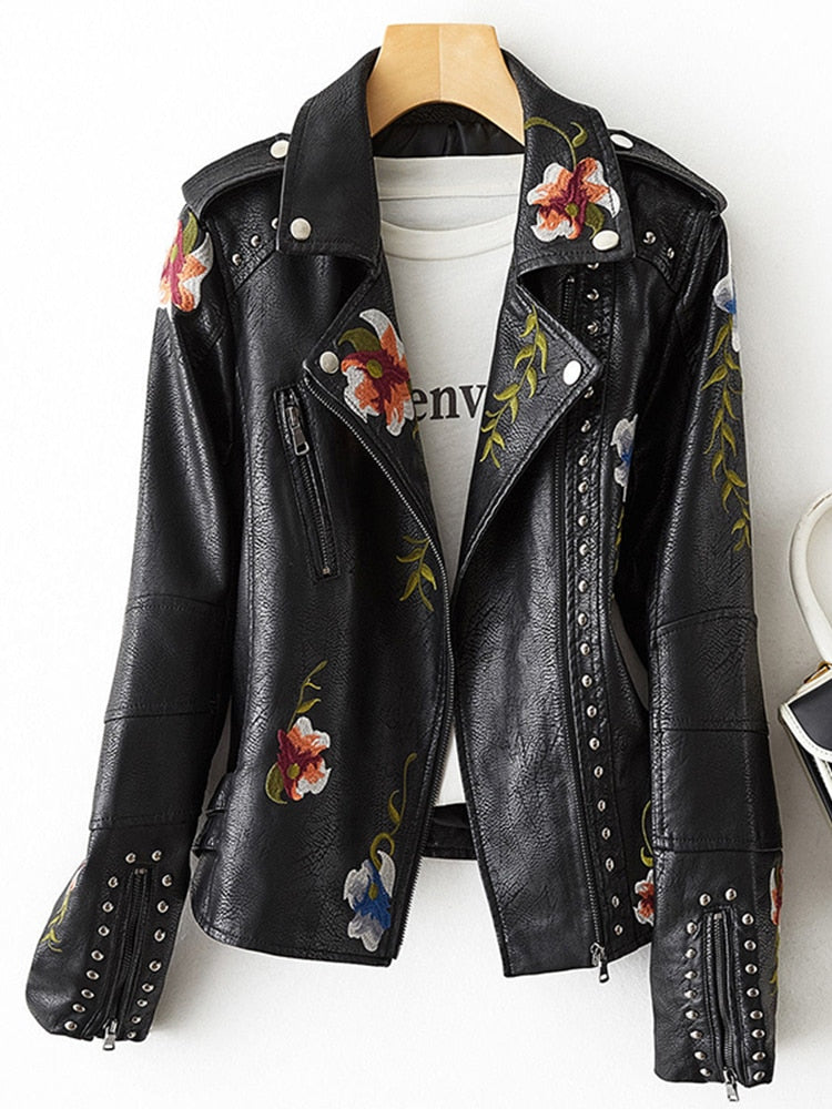 FTLZZ New Women Embroidery Faux Soft Leather Jacket Coat - justforyoushopping23