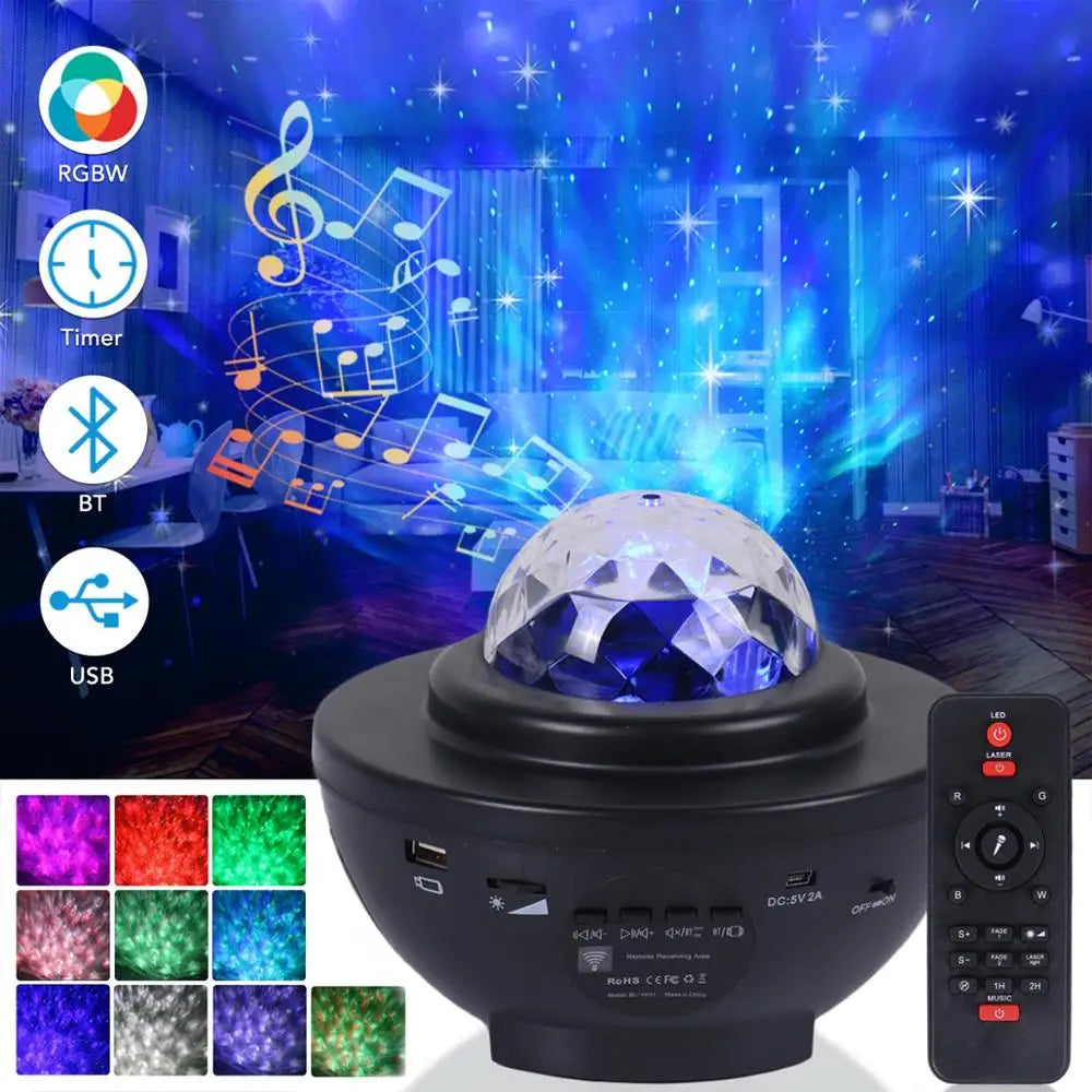 ZK50 LED Star Galaxy, Ocean Music Starry Water Wave Projector Light Sound-Activated