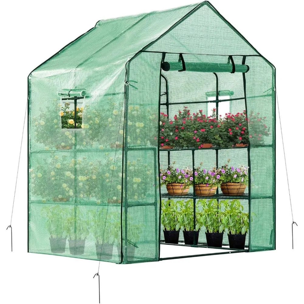 Mini Walk in Green House with Window and Anchor, Plant Garden Hot House 2 Tiers 8 Shelves,4.7 x 4.7 x 6.4 FT