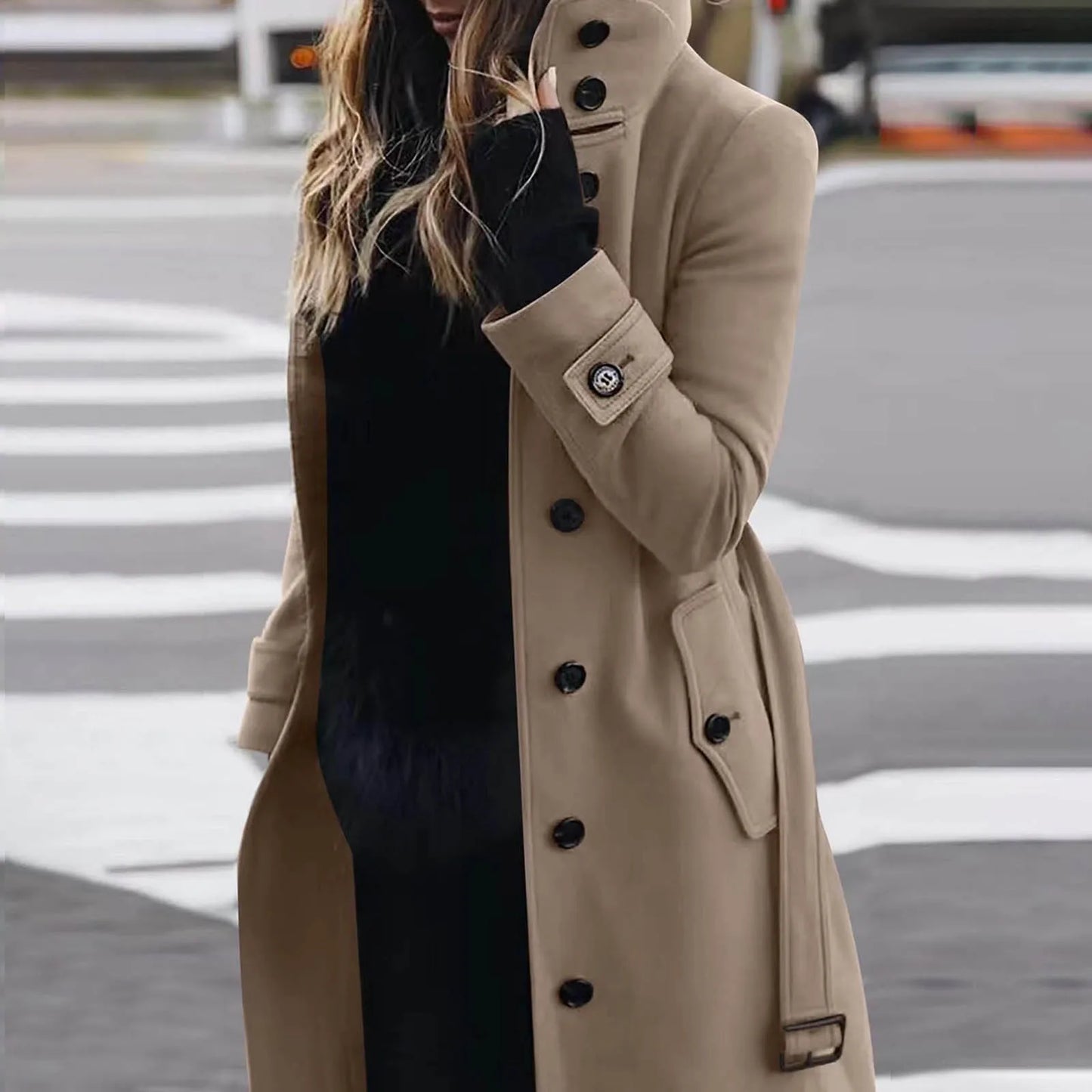 Women's Trench Coat High-collar Single-breasted Jacket Long Sleeve Coats Street Commuter Outwear Stand Collar Woolen Coat 2024