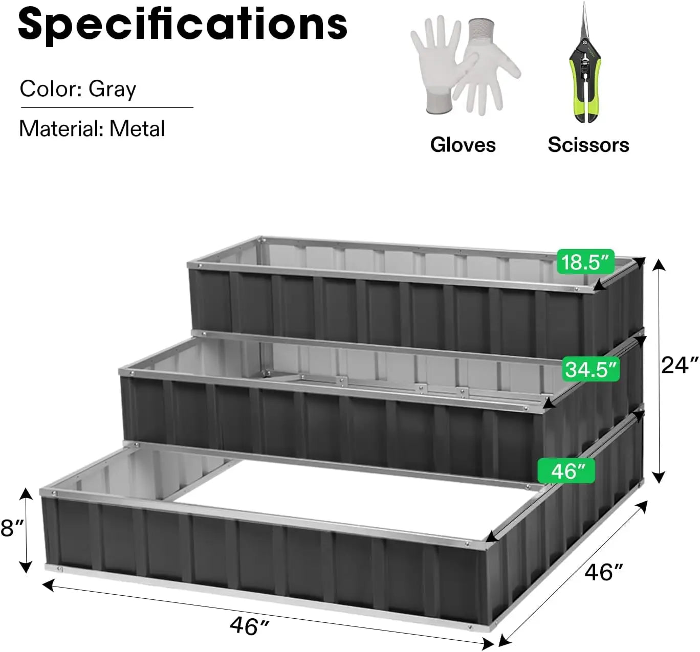 3-Tier Raised Garden Bed, 46" x 46" x 24" Galvanized Steel Metal Outdoor Planter Box with Gloves and Scissors to Grow