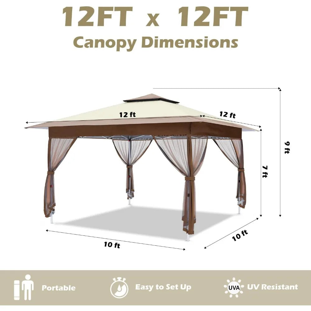 12'x12' Gazebo Outdoor Pop-up Canopy Tent with Curtains and Shelter for Patio, Party & Backyard (Khaki), Sunshade Tent