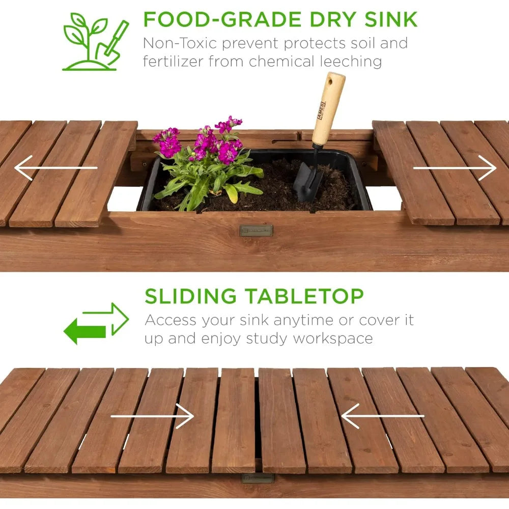 Mobile Garden Potting Bench, Outdoor Wood Workstation Table w/Sliding Tabletop, 4 Locking Wheels, Food Grade Dry Sink