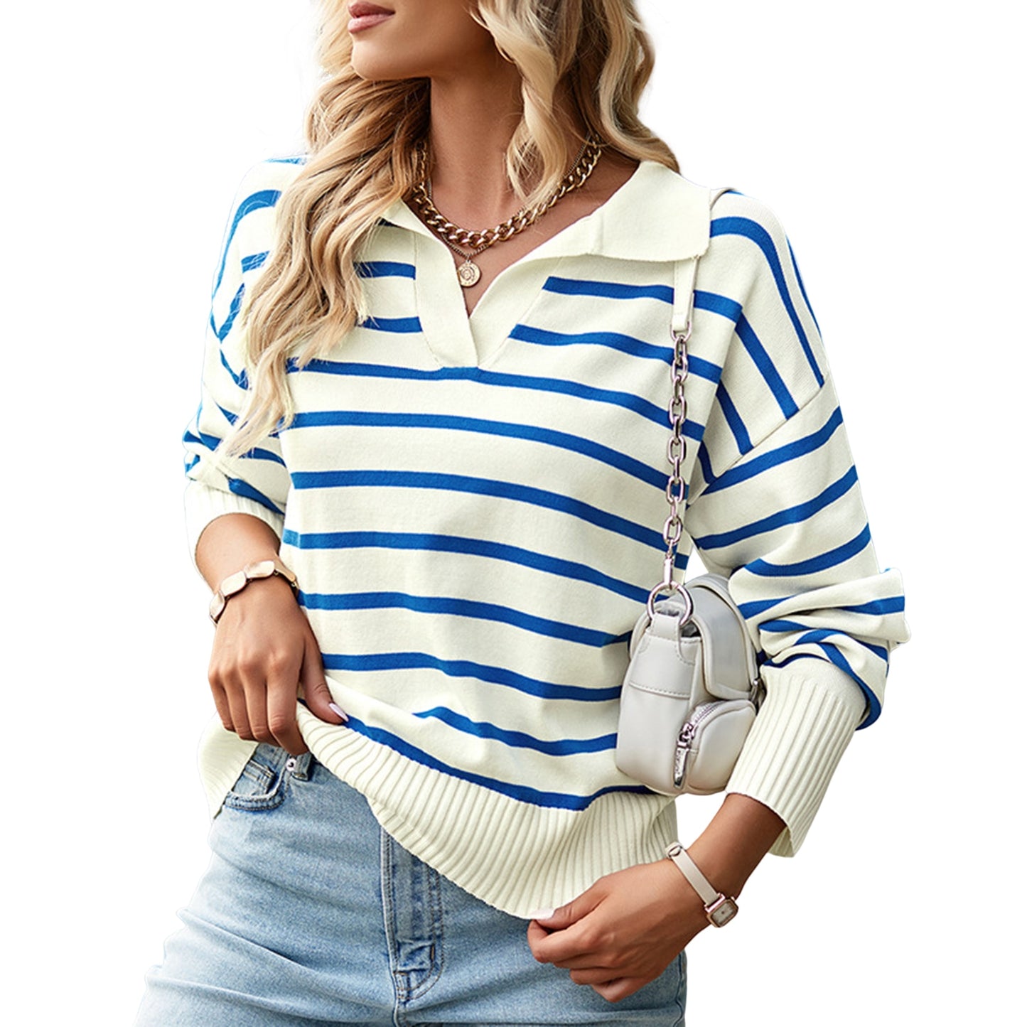 Women Casual Knitted Blouse Versatile Striped Knitted Top Long Sleeve - justforyoushopping23