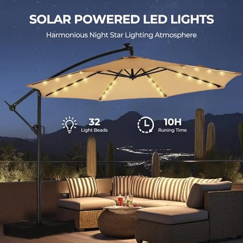 Solar Powered 10ft Offset Cantilever Patio Umbrella with LED Lights and Base High-Quality UV Resistant Outdoor Market Umbrella