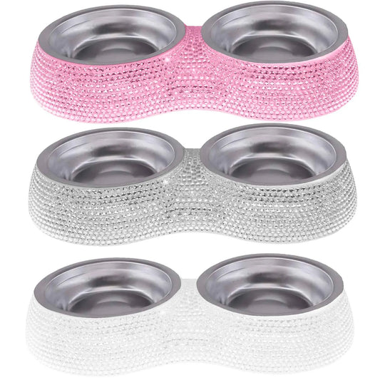 Double Pet Bowl Bling Bling Rhinestone Food Water Feeder Accessories