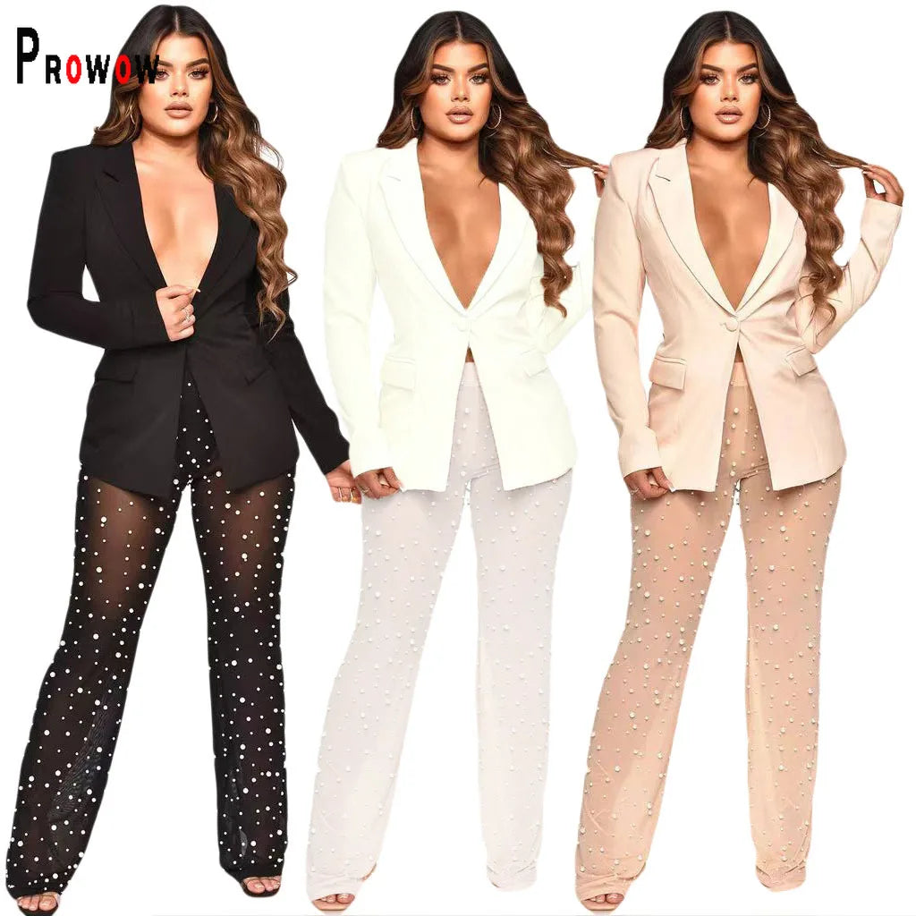 Women's Blazer Suits Thin Tops Pearl Sheer Mesh Pant Two Piece Clothing Set