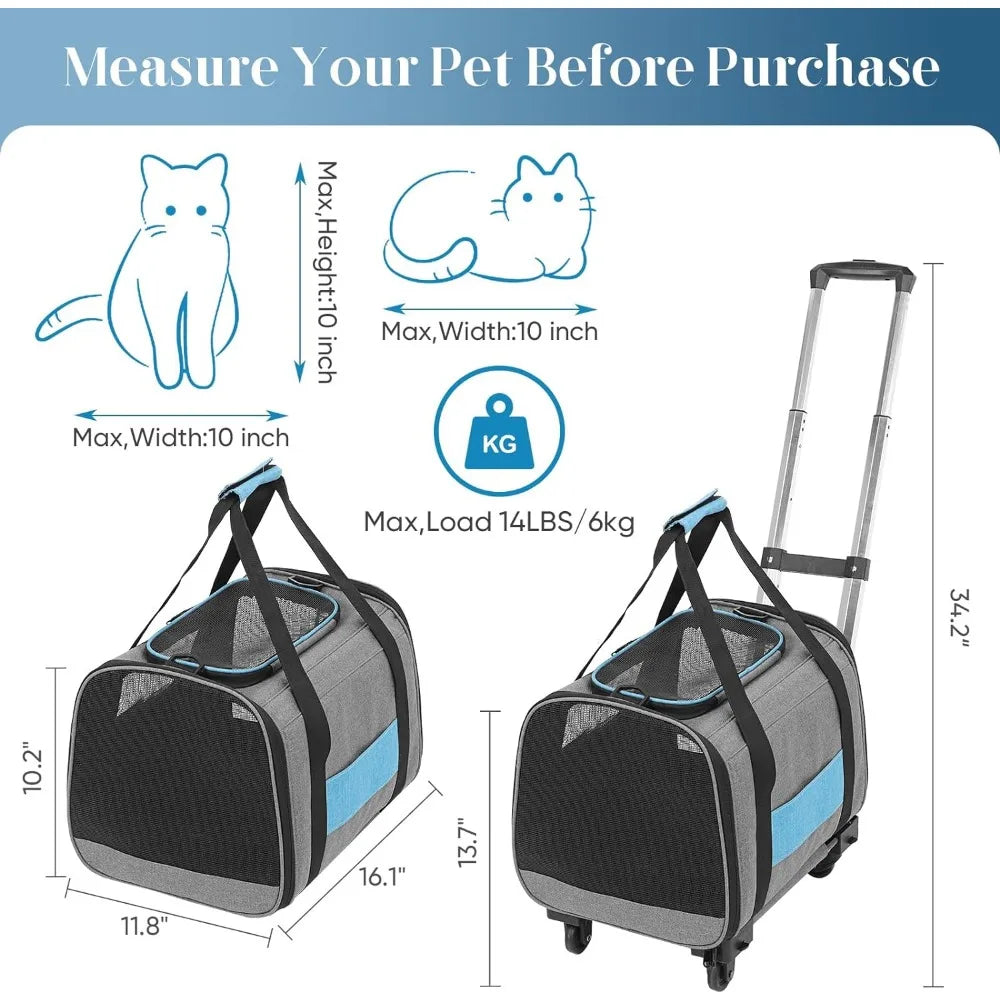 Portable Pet Carrier with Wheels,  Pet Carrier with Telescopic Handle and Shoulder StraFoldable Pet Travel Bag.