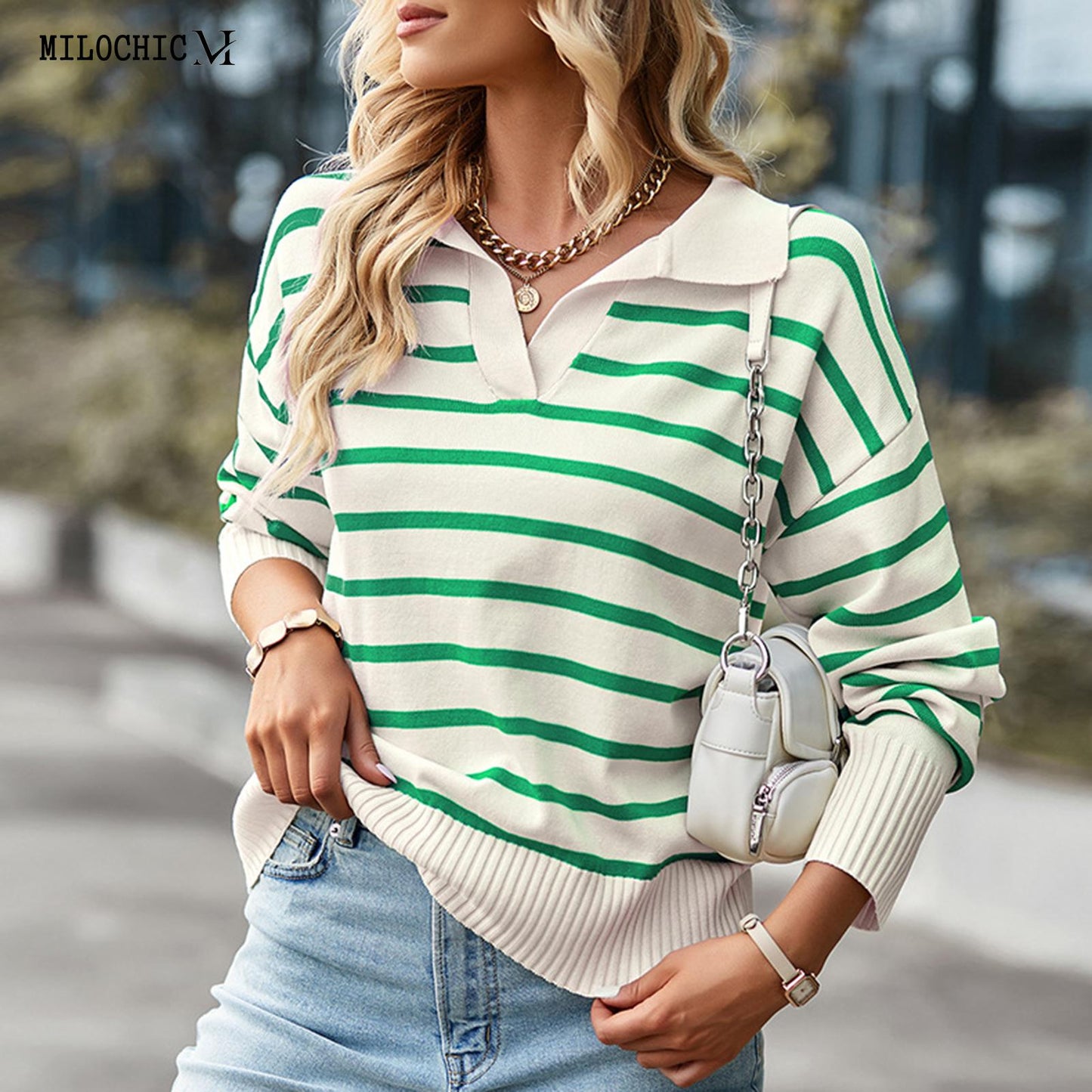 Women Casual Knitted Blouse Versatile Striped Knitted Top Long Sleeve - justforyoushopping23