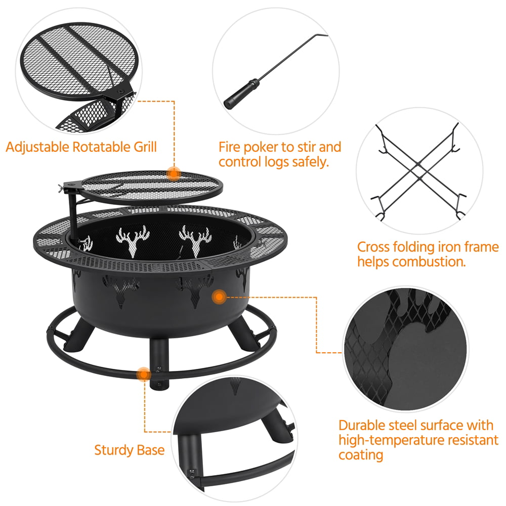 Modern 32" Round Black Finish Iron Fire Pit - justforyoushopping23