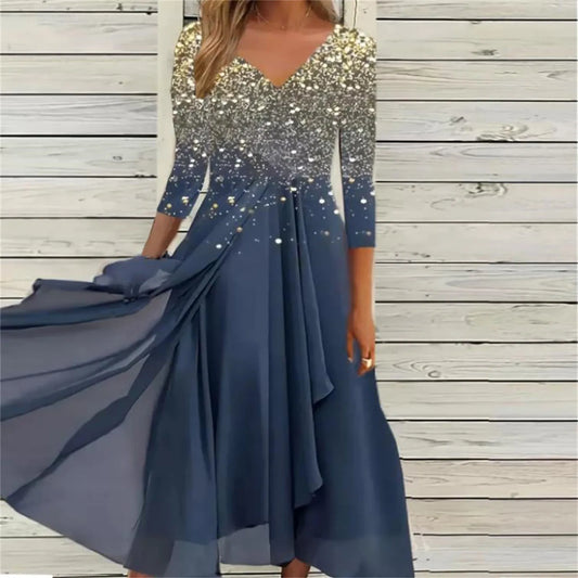 New Elegant Party Dress Women V Neck Long Sleeve Dresses Ladies Boho A-Line