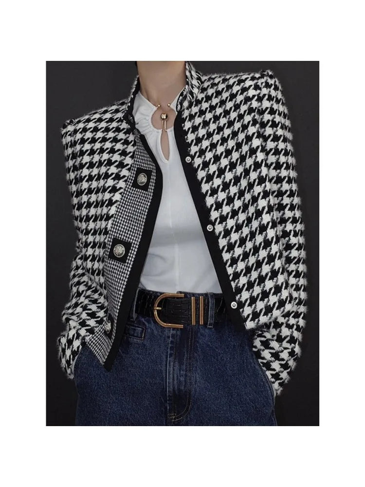 Modigirl Women's Houndstooth Outerwears & Jacket Stand Collar Long Sleeves Autumn Winter Fall Clothes 2024 Women Classics Coat