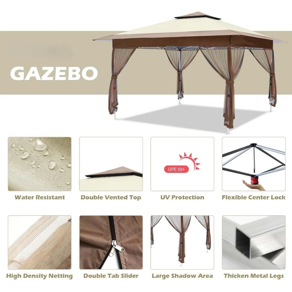 12'x12' Gazebo Outdoor Pop-up Canopy Tent with Curtains and Shelter for Patio, Party & Backyard (Khaki), Sunshade Tent