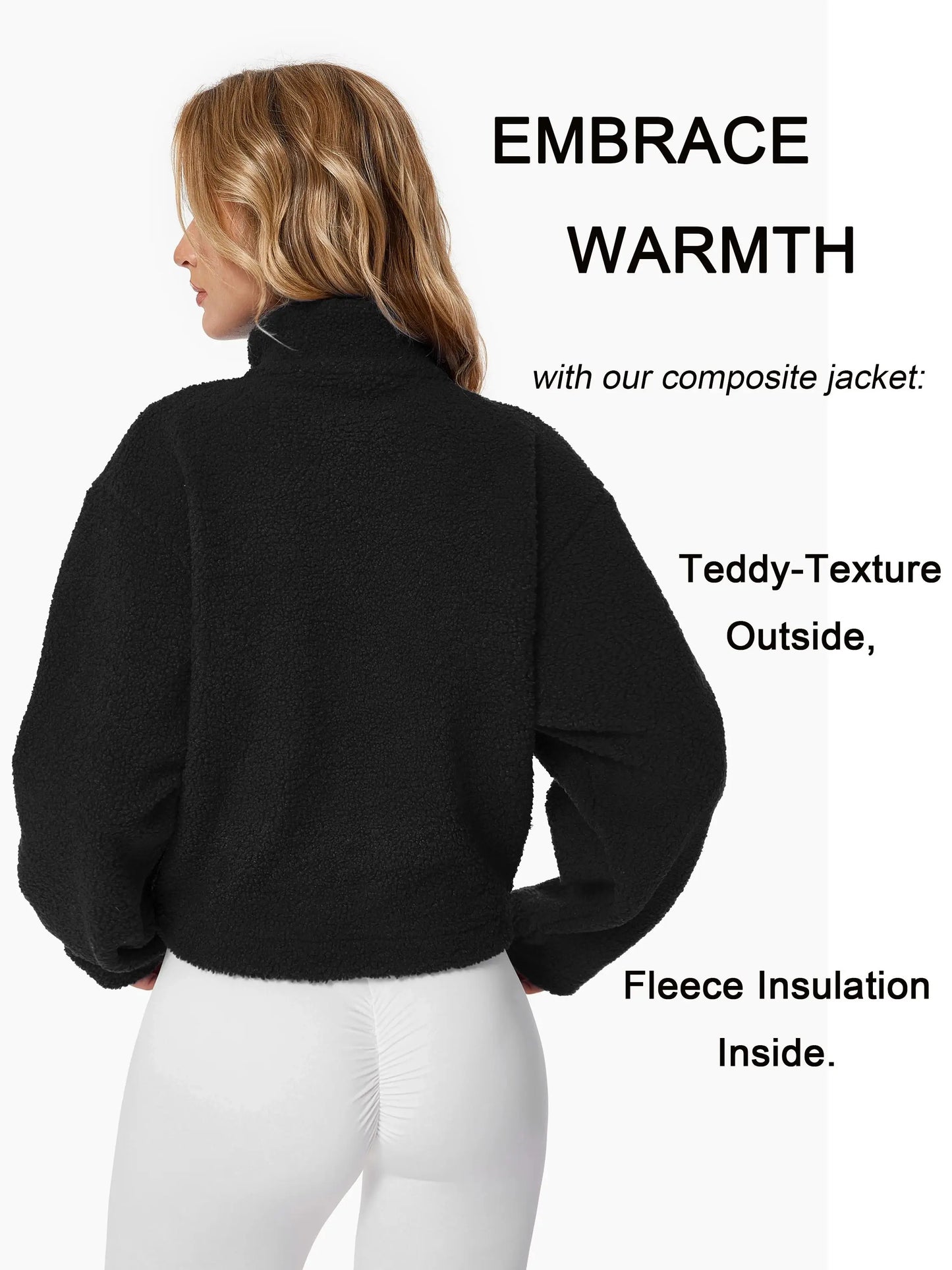 Women's Sherpa Cropped Jacket Stand Collar Full Zip Long Sleeve Fleece Coat With Pockets Autumn Winter Black Tan Beige