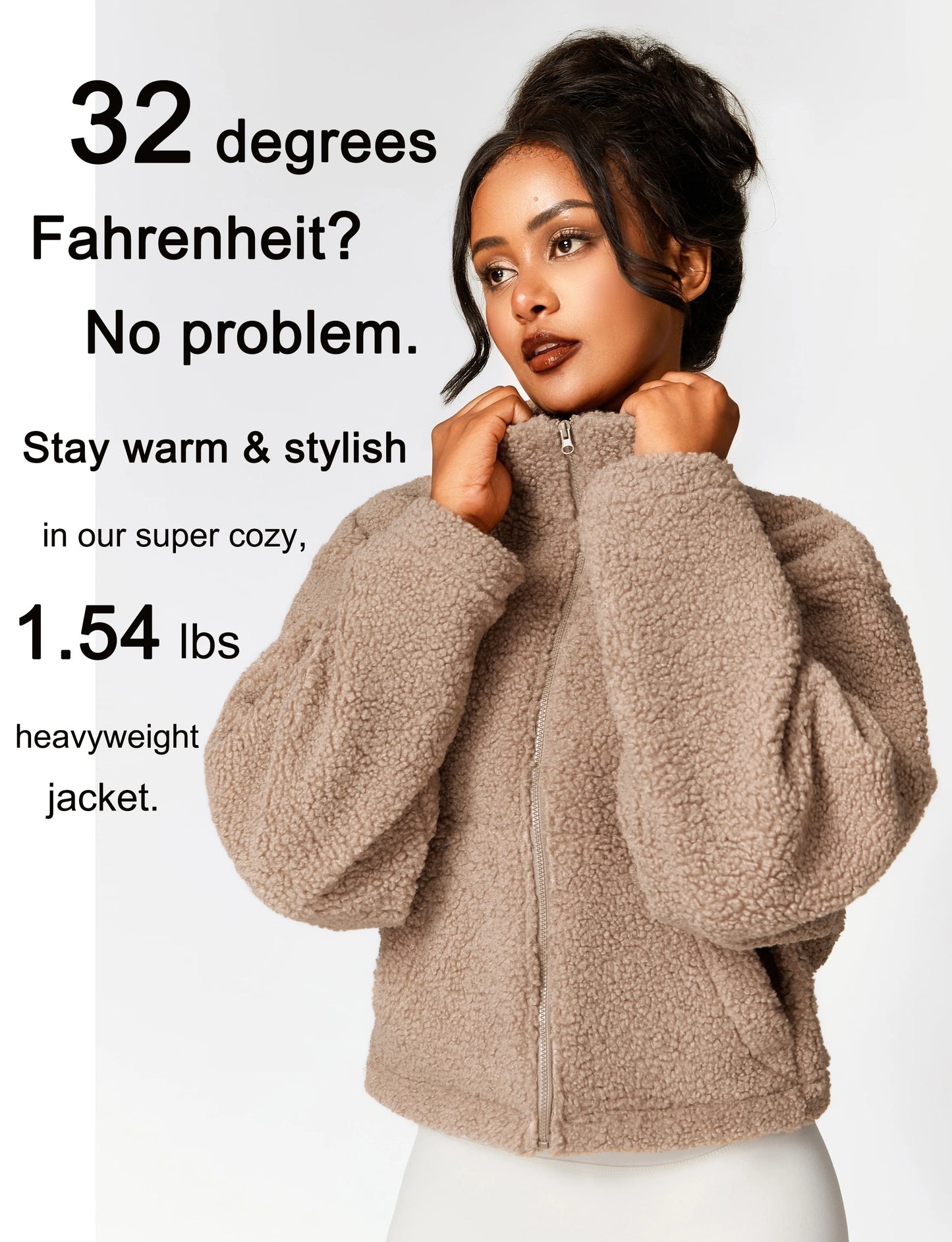 Women's Sherpa Cropped Jacket Stand Collar Full Zip Long Sleeve Fleece Coat With Pockets Autumn Winter Black Tan Beige