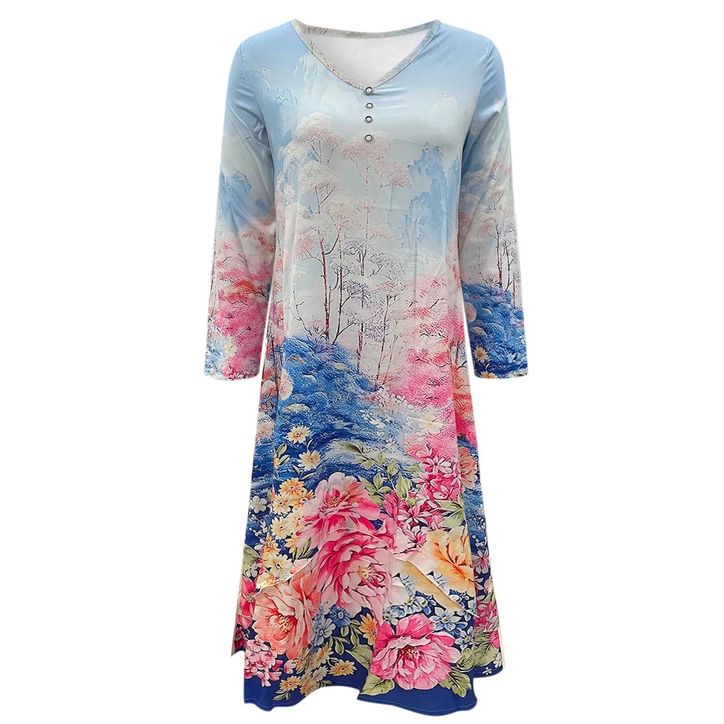 Women Plus Size Loose Casual Maxi Dresses Retro Elegance Flower Printed Long Sleeve