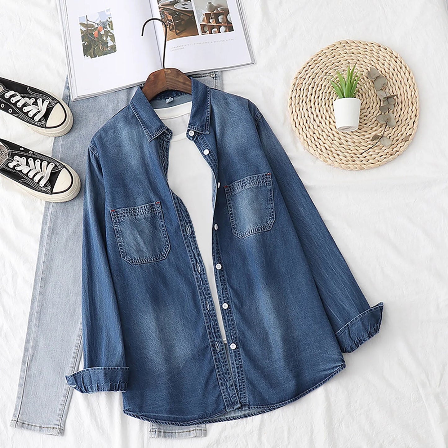 2024 Women Fashion Denim Shirt Casual Button Up Long Sleeve Shirt Solid Blouse Top Spring Autumn