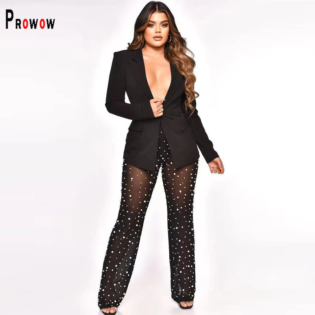 Women's Blazer Suits Thin Tops Pearl Sheer Mesh Pant Two Piece Clothing Set