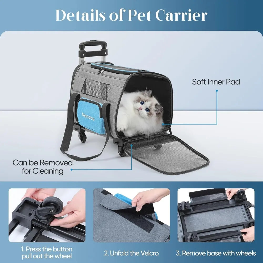 Portable Pet Carrier with Wheels,  Pet Carrier with Telescopic Handle and Shoulder StraFoldable Pet Travel Bag.