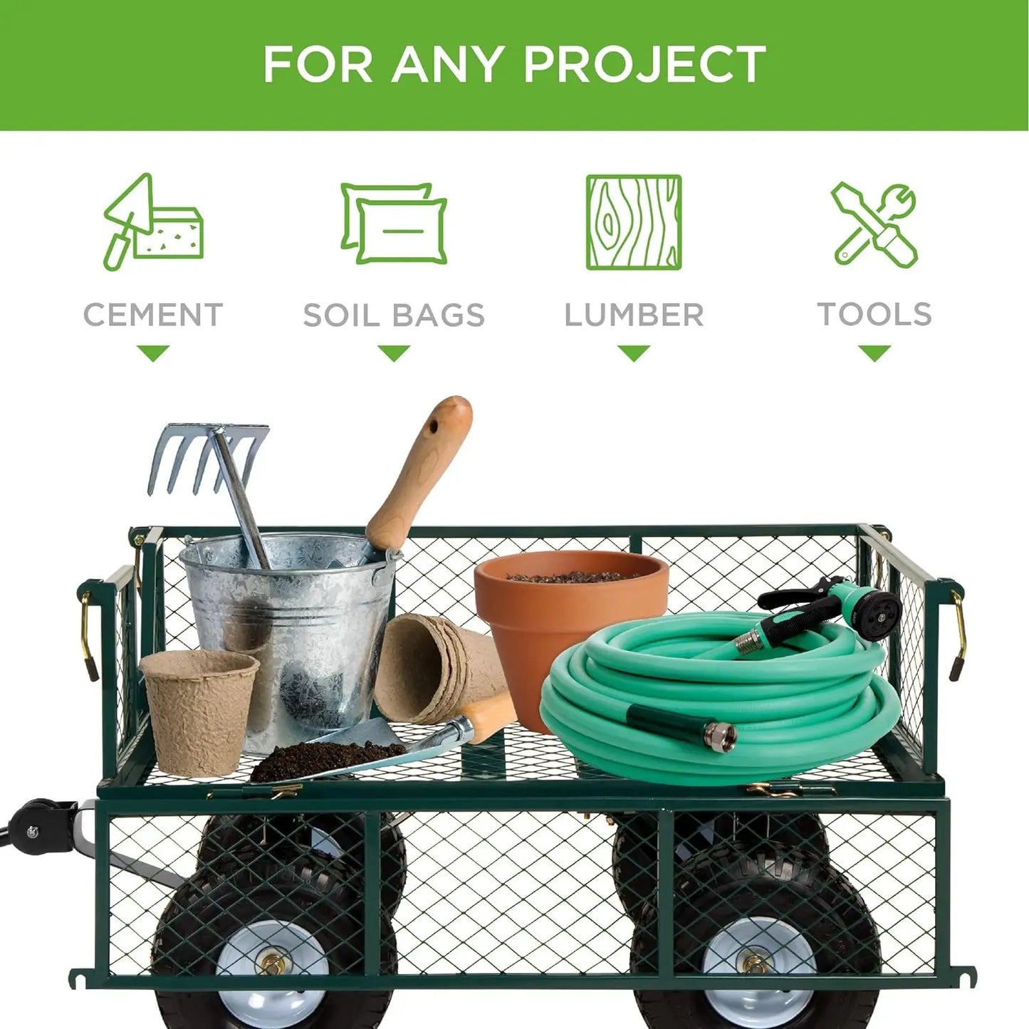 Utility Garden Cart Wagon for Lawn,Yard w/Heavy-Duty Steel 400lb Weight Capacity,Removable Sides,Long Handle, 10in Tires - Green