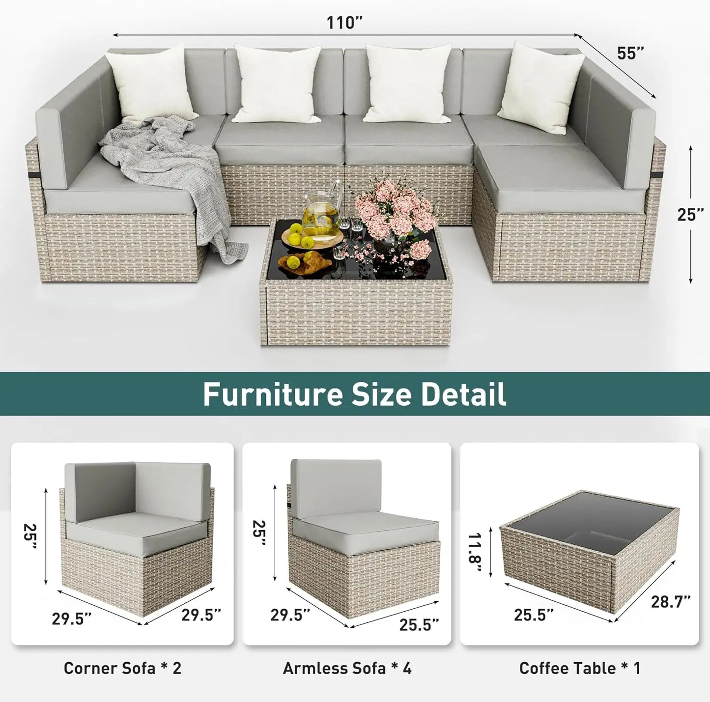 Pamapic Patio Furniture Set, 7 Pieces Modular Outdoor Sectional,Wicker Patio Sectional Sofa Conversation Set, Rattan Sofa with