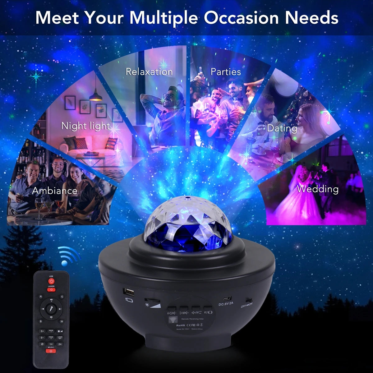 ZK50 LED Star Galaxy, Ocean Music Starry Water Wave Projector Light Sound-Activated