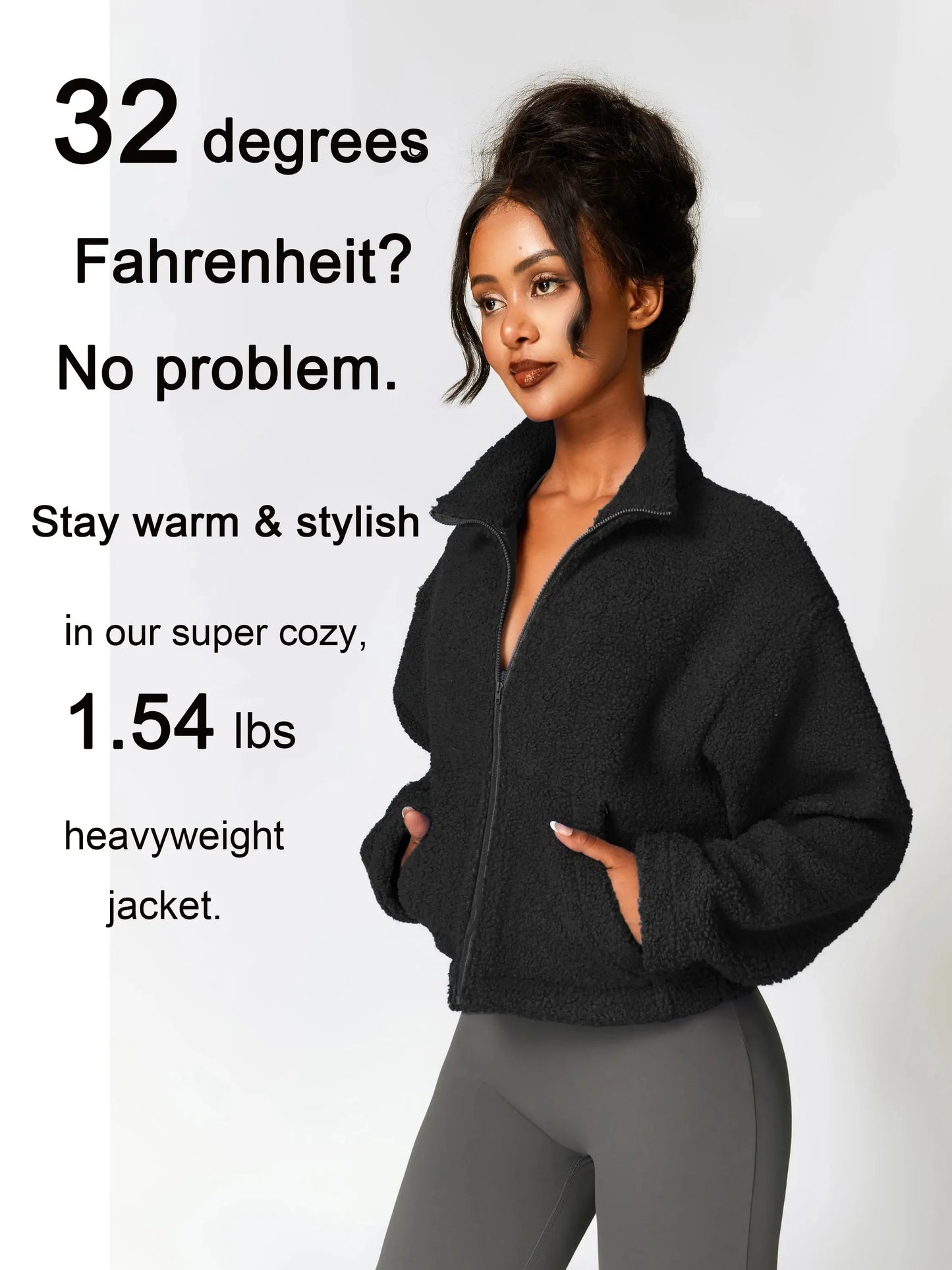 Women's Sherpa Cropped Jacket Stand Collar Full Zip Long Sleeve Fleece Coat With Pockets Autumn Winter Black Tan Beige