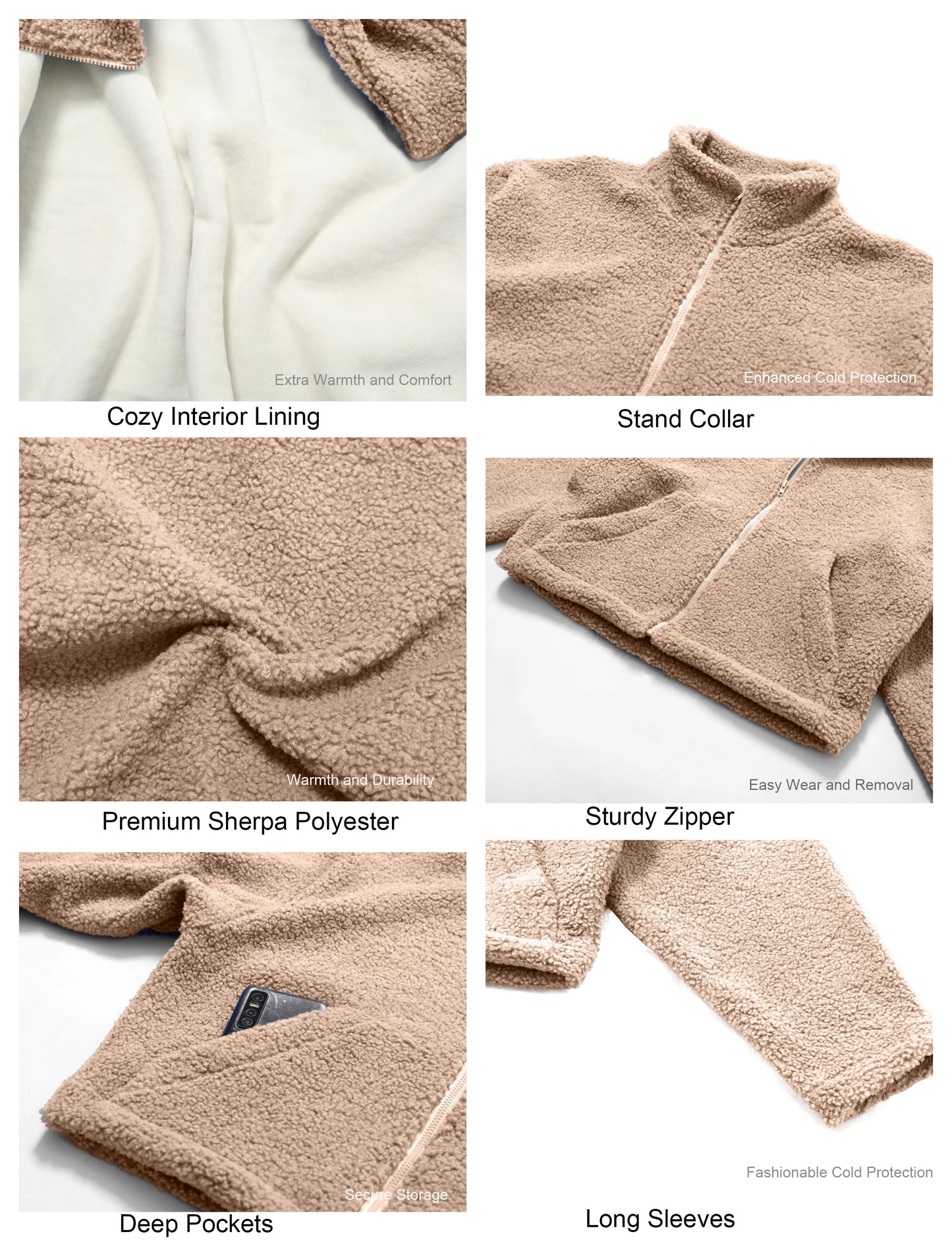 Women's Sherpa Cropped Jacket Stand Collar Full Zip Long Sleeve Fleece Coat With Pockets Autumn Winter Black Tan Beige